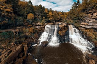 Amber water cascading over Blackwater Falls between forested cliffs