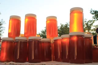 Sunlight glowing through jars of raw honey from Healthberry Farm