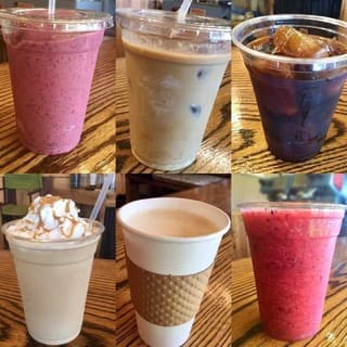 Colorful cold drinks, hot coffee, and whipped cream at Trailhead Coffee Shop