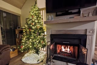 Holiday decorations with tree and fire in fireplace