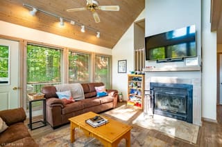 Living room with two couches and fireplace
