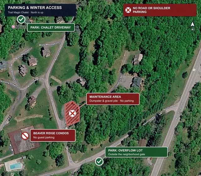 Satellite map marking permitted parking in the Trail Magic Chalet driveway and the overflow lot outside the gate. The maintenance area by the dumpster and gravel pile and the Beaver Ridge condominiums are marked no parking. Roads and shoulders are also labeled no parking.